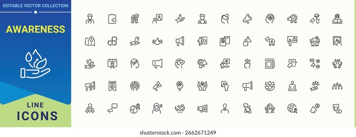 Paquete de iconos de la línea de concienciación. Colección de iconos vectoriales. Trazo editable. Pixel perfecto. Colección de icono de peligro. Contiene seguridad de signos lineales, protección, prevención, peligro, estrategia, riesgo, Plan y más.