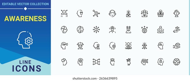 Awareness line icon set. Contains such symbols as care, mental, emotion, person and more. Mindfulness icon set. Icons for application. Editable vector.