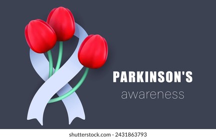 Parkinson’s Awareness Month background, banner, card, poster, template. Vector illustration with ribbon and flowers