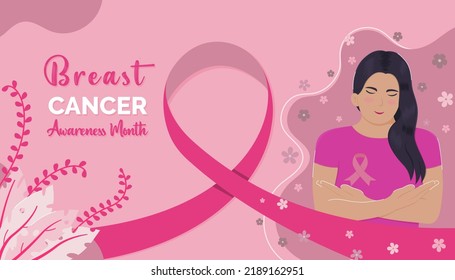 Awareness month to fight and prevent breast cancer in women with pink banner with awareness ribbon