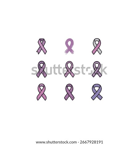 Alzheimer’s Awareness Month Icons – Multiple Purple Ribbon Designs, Charity and Support Symbol Vector Set