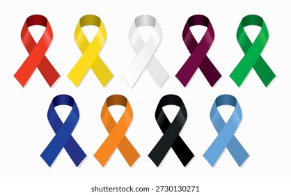 Cintas multicolores de sensibilización que simbolizan la Asistencia, la solidaridad y la defensa de diversas causas sanitarias y sociales mundiales. Ilustración vectorial.