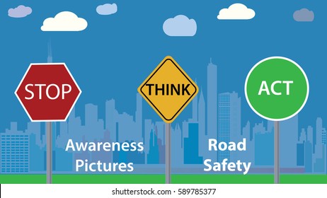 Awareness photo vector illustration - road safety message - children education poster, Flat design, colorful, city landscape in background, clouds, blue cover