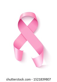 Awareness pink ribbon loop realistic vector illustration. Female hope and breast cancer prevention 3d symbol on white. Satin ribbon design element. Women oncological disease solidarity emblem