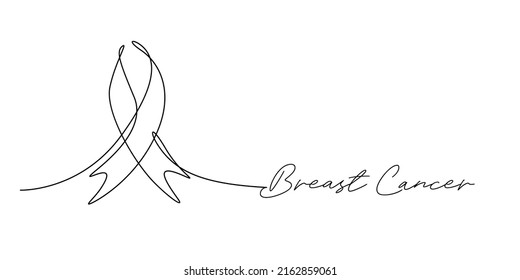 Awareness Pink Ribbon One Line Drawing Illustration. Breast Cancer Campaign Support Minimalism Vector Background. Continuous Line Art Style. 