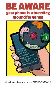 Awareness poster about transmission of viruses and bacterias from hand to phone and the other way around.
