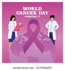 Awareness poster for World Cancer Day featuring a ribbon, medical professionals, and a global map, symbolizing the fight against cancer and support for global health. Flat vector modern illustration 