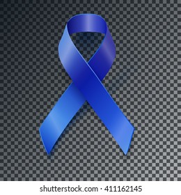 Awareness realistic blue vector ribbon with transparent shadow