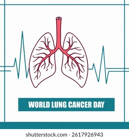 Conscientização sobre a Saúde Respiratória: uma ilustração gráfica destacando o Dia Mundial do Câncer de Pulmão, apresentando uma representação estilizada dos pulmões ao lado de uma forma de onda de batimento cardíaco.