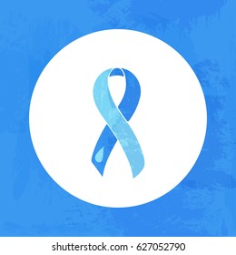 Awareness ribbon. Blue ribbon 2 tones, drop. Hydrocephalus. Isolated icon. Watercolor painted background.