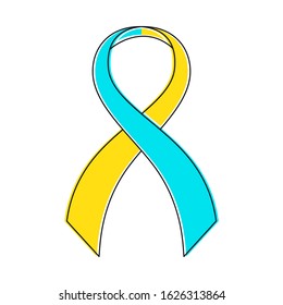 Awareness ribbon, blue and yellow icon.  vector illustration. a small piece of ribbon folded into a loop. symbol of support or demonstration of attitude to the problem of down syndrome.