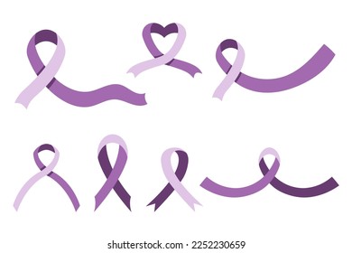 Awareness ribbon collection. Set of purple or lilac cancer ribbons. Isolated on white background fully editable