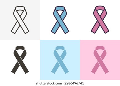 Awareness ribbon in different styles. Vector thin line icon illustration. Symbol for awareness of different male and female diseases like colon, prostate cancer, breast cancer. Pink and Blue