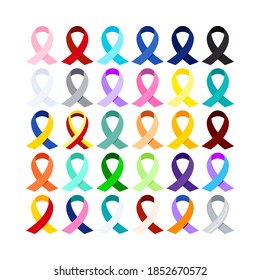 Awareness ribbon icon set isolated on white background. Different color ribbons - cancer charity and medical support loop sign. Flat design  cartoon style health care solidarity vector illustration.