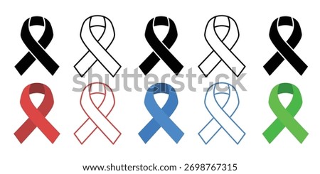 Awareness Ribbon Icon Set: Multi-Color Cancer and Cause Symbols in Solid and Outline Styles for Health Campaigns and Advocacy 