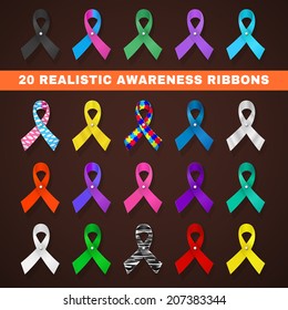 awareness ribbon icons with different ribbons in the form of loops, symbolizing support of social problems, diseases