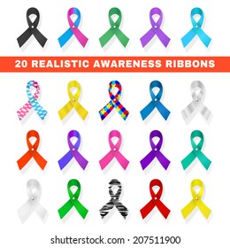 awareness ribbon icons with different ribbons in the form of loops, symbolizing support of social problems on a white background svg