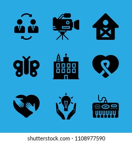 awareness ribbon inside a heart, video camera, barn, responsible energy use, businessmen, shaking hands inside a heart, building, butterfly and piano vector icon. Simple icons set