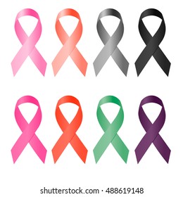 Awareness ribbon, set of colorful ribbons on a white background, silk ribbon, vector illustration