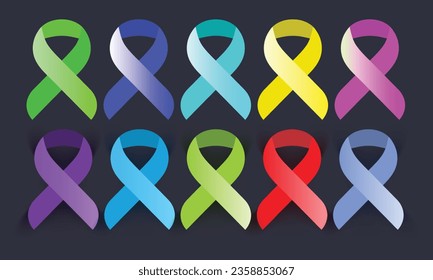 Awareness Ribbon set in different color. health, cancer, disease, Vector illustration.