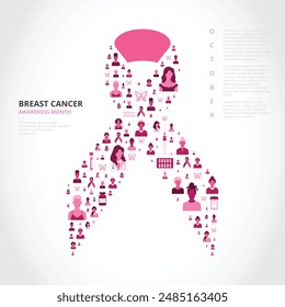 Cinta de toma de conciencia en forma de disposición de las mujeres, equipo médico, personal sanitario y símbolos asociados con el cáncer de mama