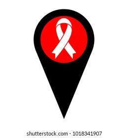 Awareness ribbon sign. Vector. Flat white icon in red circle at black marker on white background. Isolated.