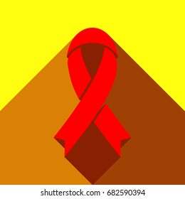 Awareness ribbon sign. Vector. Red icon with two flat reddish shadows on yellow background.