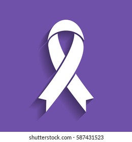 Awareness ribbon sign. Vector. White icon with soft shadow on grape violet background.