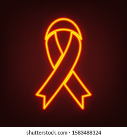 Awareness ribbon sign. Yellow, orange, red neon icon at dark reddish background. Illumination. Illustration.