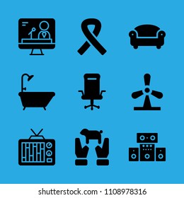 awareness ribbon, sound system, windmill, television, sofa, bathtub, animal, television and desk chair vector icon. Simple icons set
