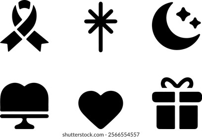 awareness ribbon, sparkle, crescent moon and stars, cake on stand, heart symbol, gift box, simple design, Icon set, black silhouettes