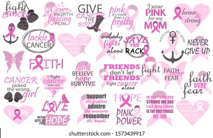 Awareness ribbon vector quotes. Breast cancer sayings typography.