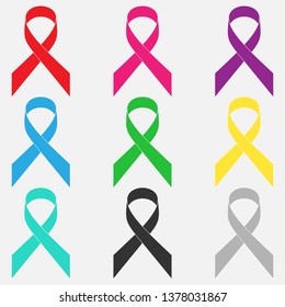 Awareness Ribbons - A color set of vector awareness ribbons. White contour. Vector illustration