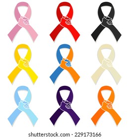 Awareness ribbons, different colors icon vector illustration set collection, people support concept