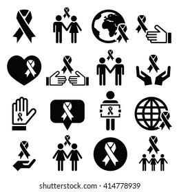 Awareness ribbons with people - black vector icons set 