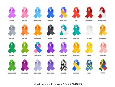 Awareness ribbons realistic vector illustrations set. Various medical diseases tolerance, illness solidarity symbols pack. Social support and concern expression signs isolated on white background