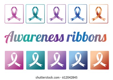 Awareness ribbons. Set of gradient icons on white background.