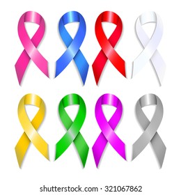 Awareness ribbons set with shadows. Breast, prostate, bladder, colon, liver, lung, brain cancer. Vector illustration.