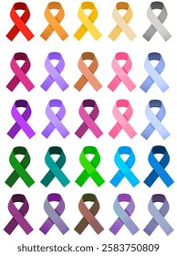 Awareness ribbons set in various colors isolated on white background. Different colors of awareness ribbons sign and symbol vector illustration. Crossed ribbons with simple style in colorful color. 