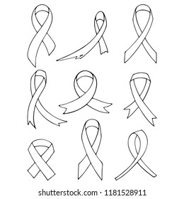 Awareness ribbons, vector set of contour drawings .