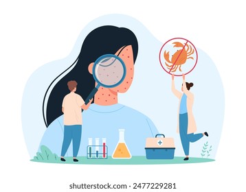 Awareness of seafood allergy and symptoms. Tiny people examine patients skin rash through magnifying glass, doctor holding up no mollusk and shrimp sign on food menu cartoon vector illustration