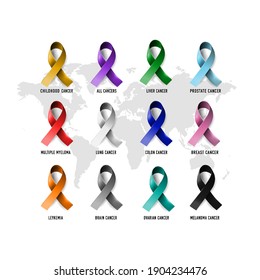 Cintas de conciencia - Un conjunto de cintas realistas de concienciación sobre el cáncer vectorial en 16 colores diferentes. Cada elemento de la fuente se agrupa por separado para facilitar la edición. Vector