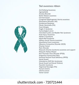 Awareness Teal Ribbon Painted. Uterine, Vulvar, Gynecological Cancer, Knee Injury, Anti Bullying, Agoraphobia, Anxiety Disorder, Food Allergies, Panic Disorder. List Of Meanings, Symbol, Name Of Color