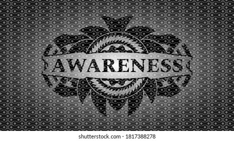 Awareness text inside black abstract realistic badge. Pattern fancy background. Artistic illustration. 