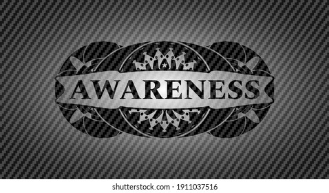 Awareness text inside carbon fiber dark emblem. Polymer texture exquisite background. Vector illustration. 