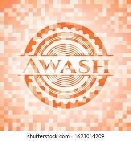 Awash orange tile background illustration. Square geometric mosaic seamless pattern with emblem inside.