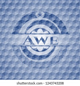 Awe blue badge with geometric pattern background.