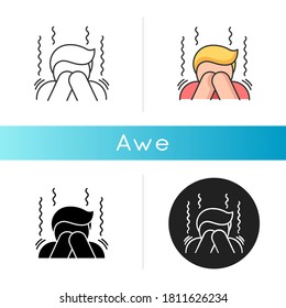 Awe icon. Human feeling, emotional reaction, mental state. Surprise fear and wonder, panic attack. Linear black and RGB color styles. Trembling, shocked person isolated vector illustrations