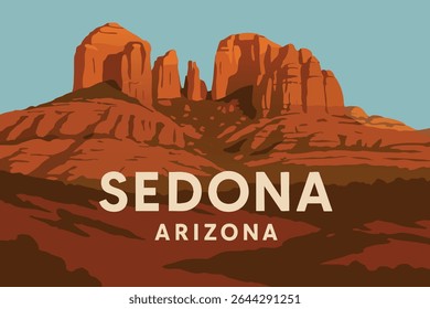 As impressionantes formações rochosas antigas de Sedona, Arizona, conhecidas por sua cor vermelha vibrante e formas únicas, criam uma paisagem serena e deslumbrante, especialmente durante um pôr do sol vibrante no deserto
