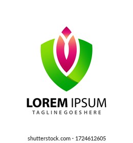 Impresionante Gradiente abstracto Carta V Shield Lotus Company Modelo de diseño de logotipo moderno Vector Premium